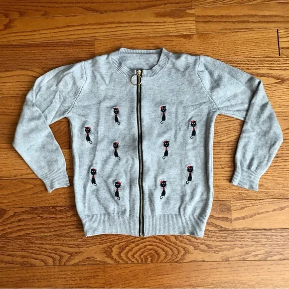 Mozuk Rare Embroidered Cat Motifs Retro Casual Knit Gray Cardigan Women’s Size S - Picture 9 of 9